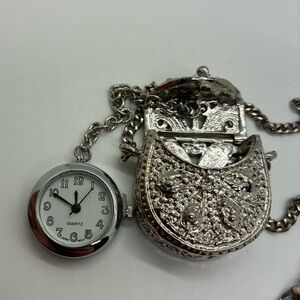 SILVER TONE PURSE POCKET WATCH NECKLACE